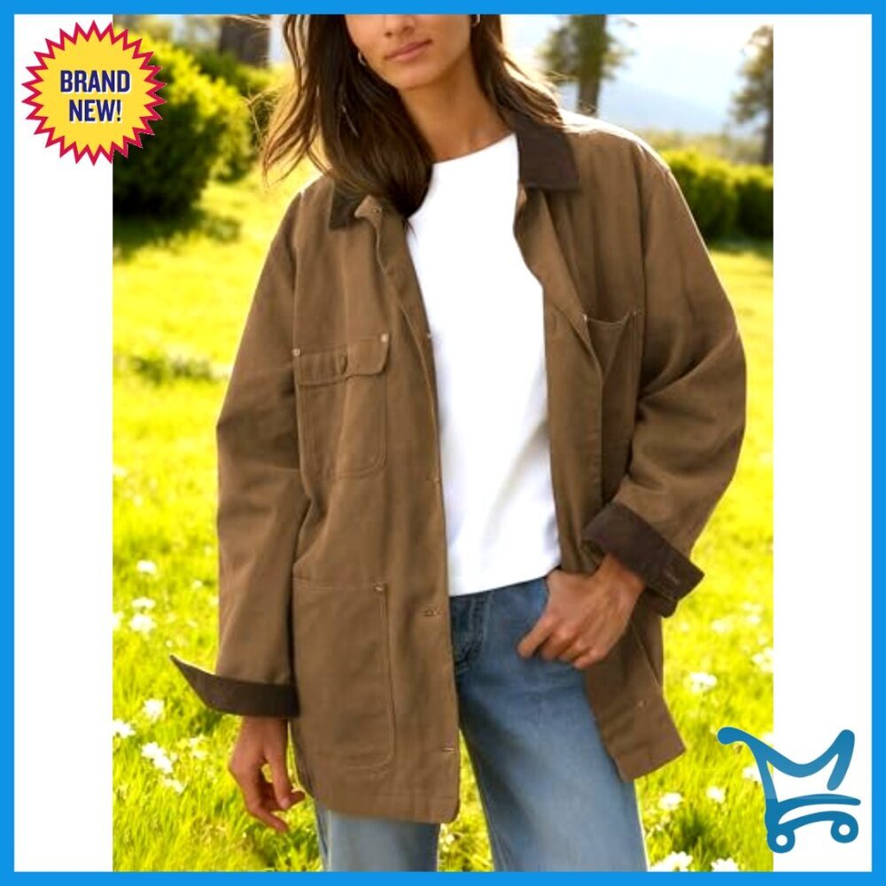 Oversized Utility Cotton Coat Corduroy Collar Vintage Workwear with Pockets - Picture 4 of 7